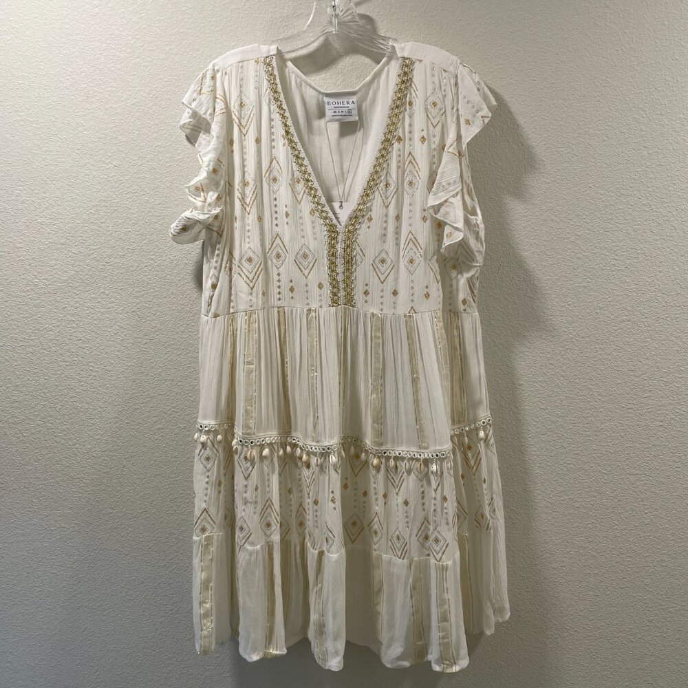 BOHERA Juleebee Flutter Sleeve V-Neck Shell Embellished White/Gold/Silver XL - Picture 3 of 13